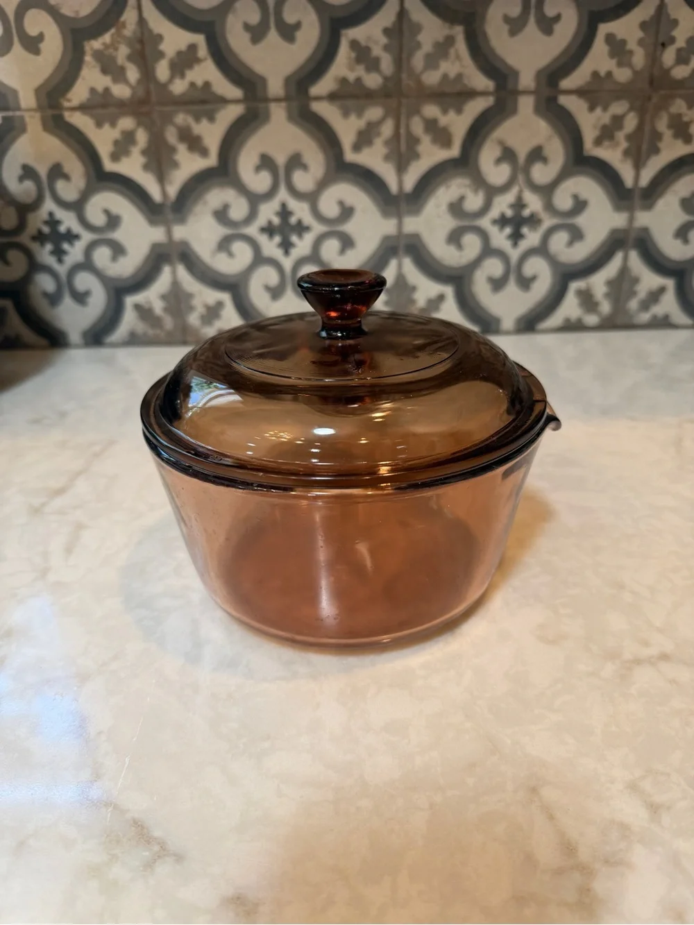 1980s Corning/ Pyrex Visions Cook Ware Amber Brown Glass 1L Pour Sauce Pan w/lid